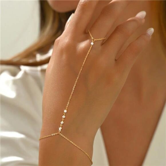 Women Gold Hand Chain Ring Bracelet14K Gold Plated Finger Ring Bracelet - Picture 3 of 7